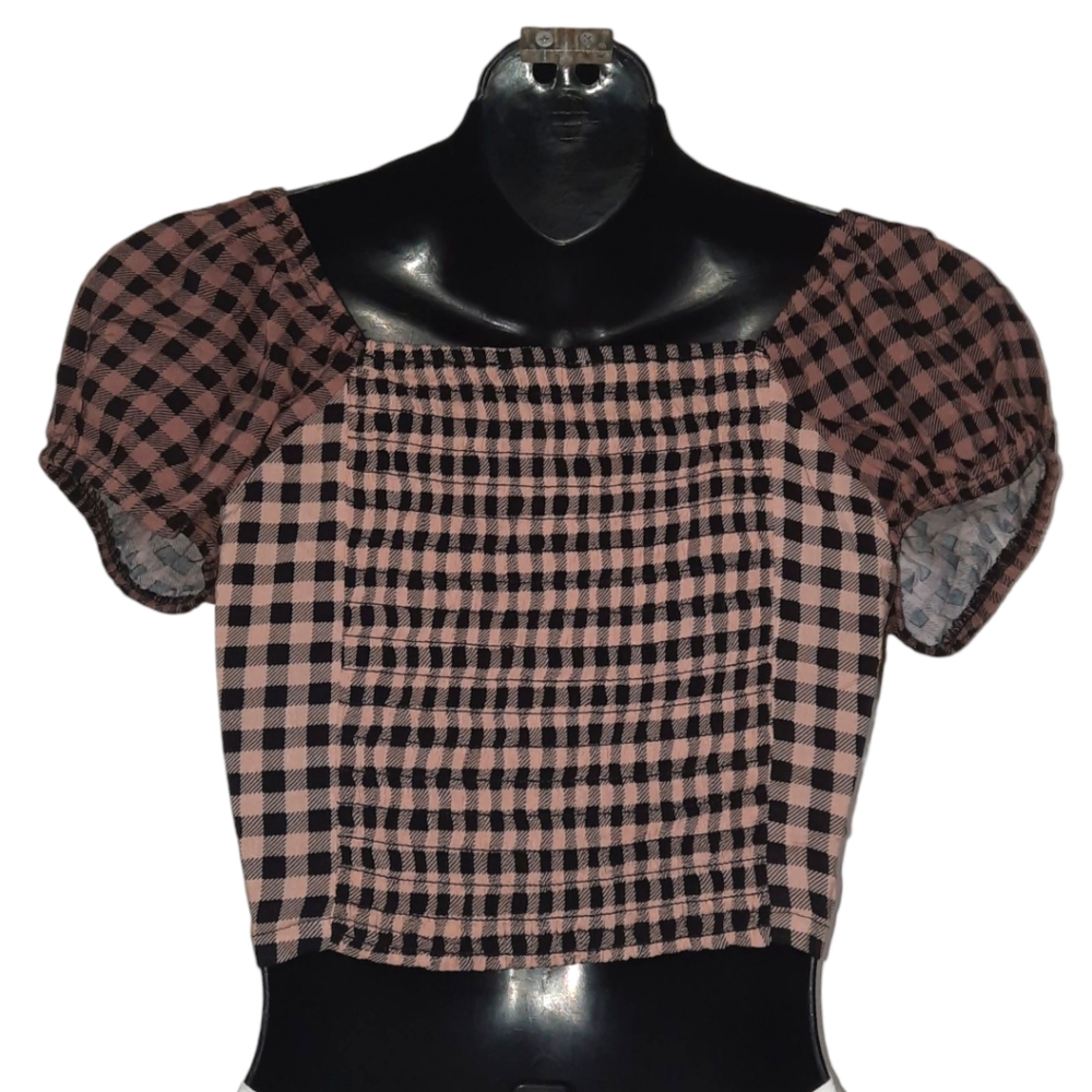 Gingham Corset Puff Sleeve Top Boho Cottage Coquette Y2K Prairie Crop Fairy M - Picture 2 of 8